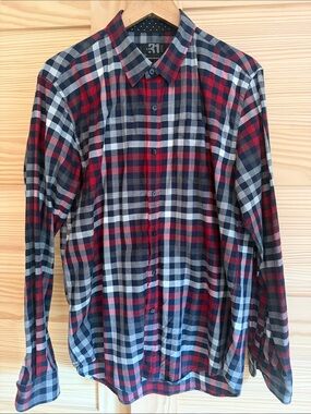 Casual Red and Navy Plaid Button-Down Shirt